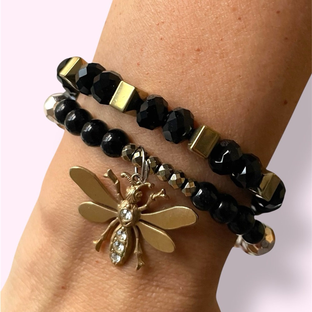 Gold and Black Recycled Beads Bracelet Set Bundle with Dragonfly Charm